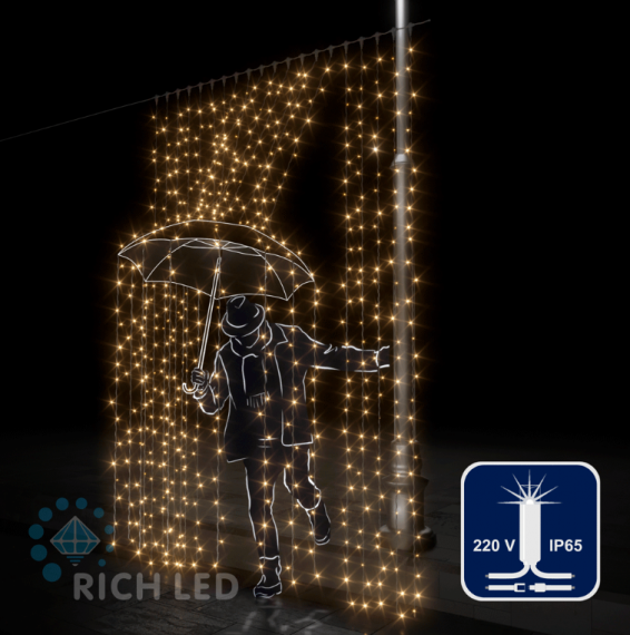 Фотография товара 'Rich Led Занавесы обычные 2x3 колпачок, белый провод, динамика RL-C2*3F20-CW/WW'